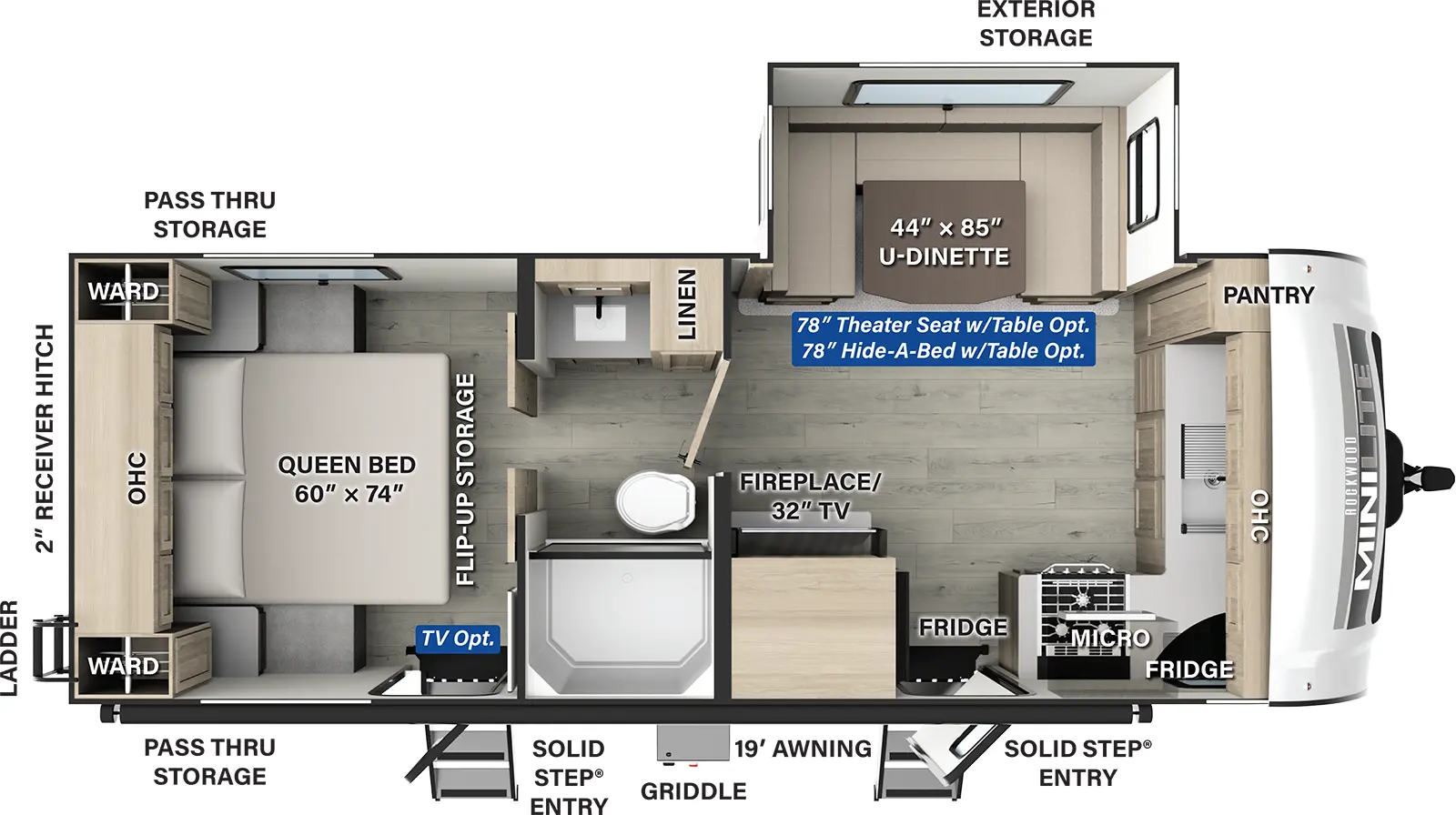 The Rockwood Mini Lite 2506FK has two entries and one slide out. Exterior features include: fiberglass exterior and 19' awning. Interiors features include: front kitchen, u-dinette, rear bedroom and pass through bathroom.